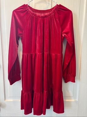 Girls Red Velvet Long-Sleeve Casual Dress